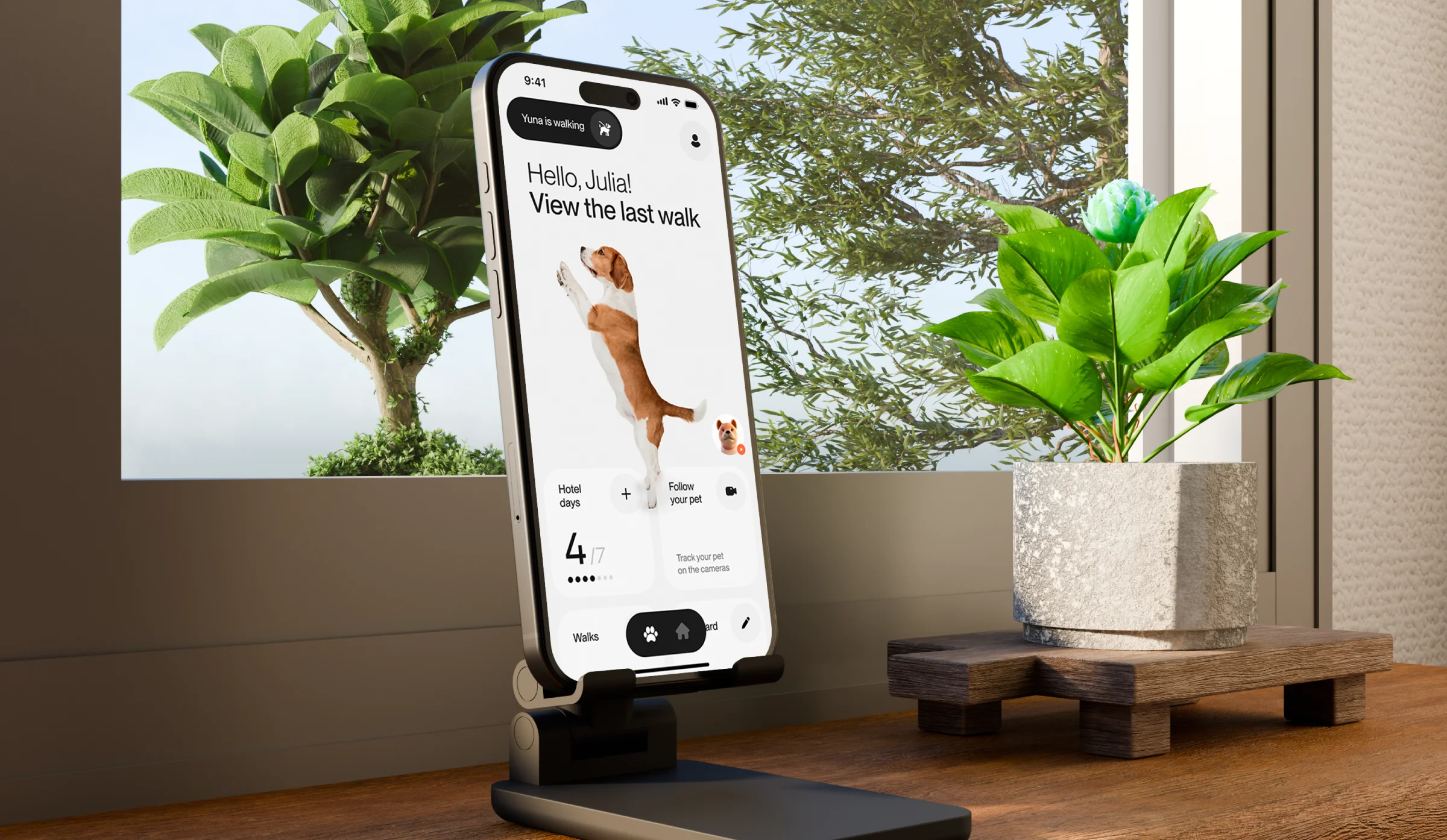Pawradise pet care app interface on a phone beside plants